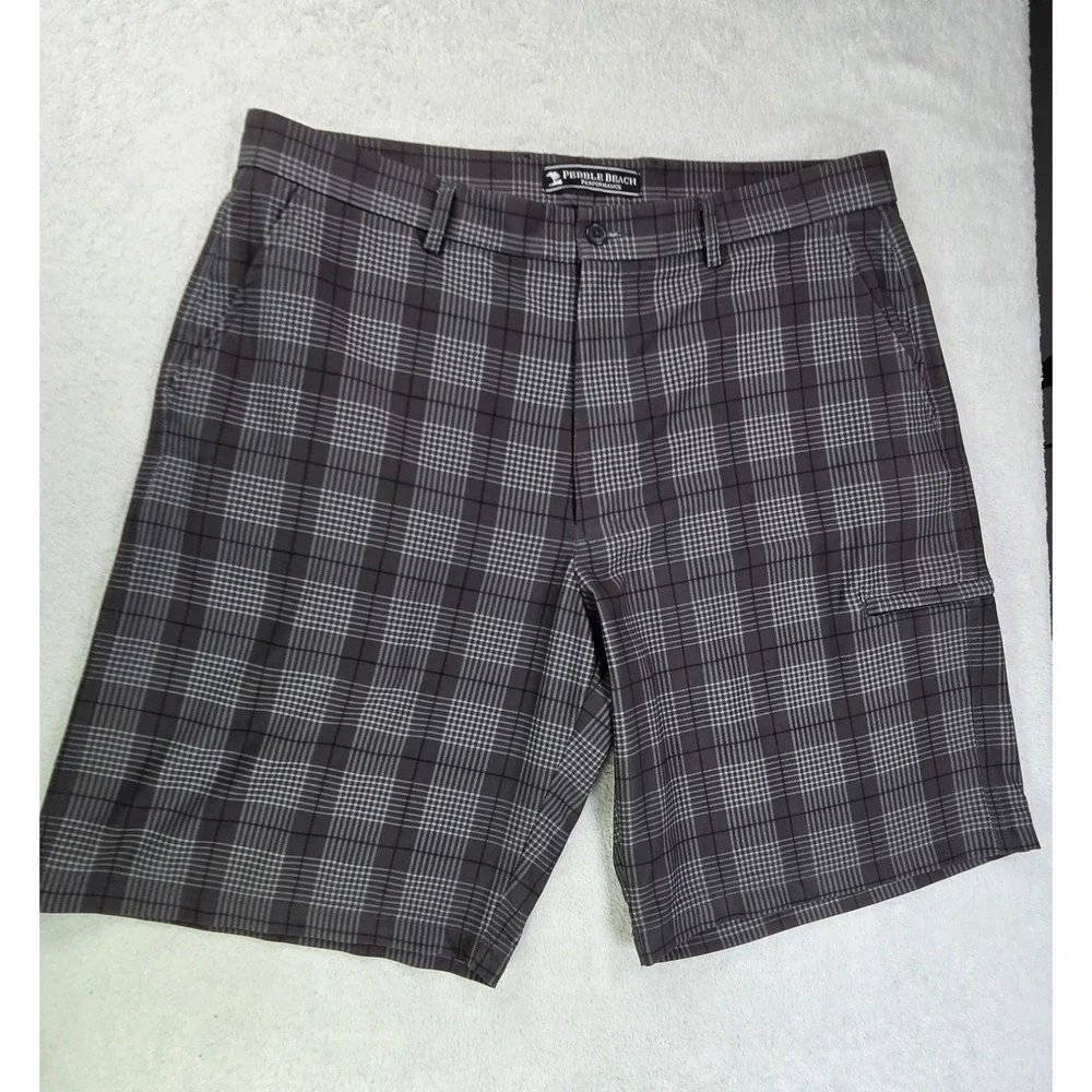 Pebble Beach Golf Shorts Mens 38 Gray Plaid Performance Stretch Casual...
